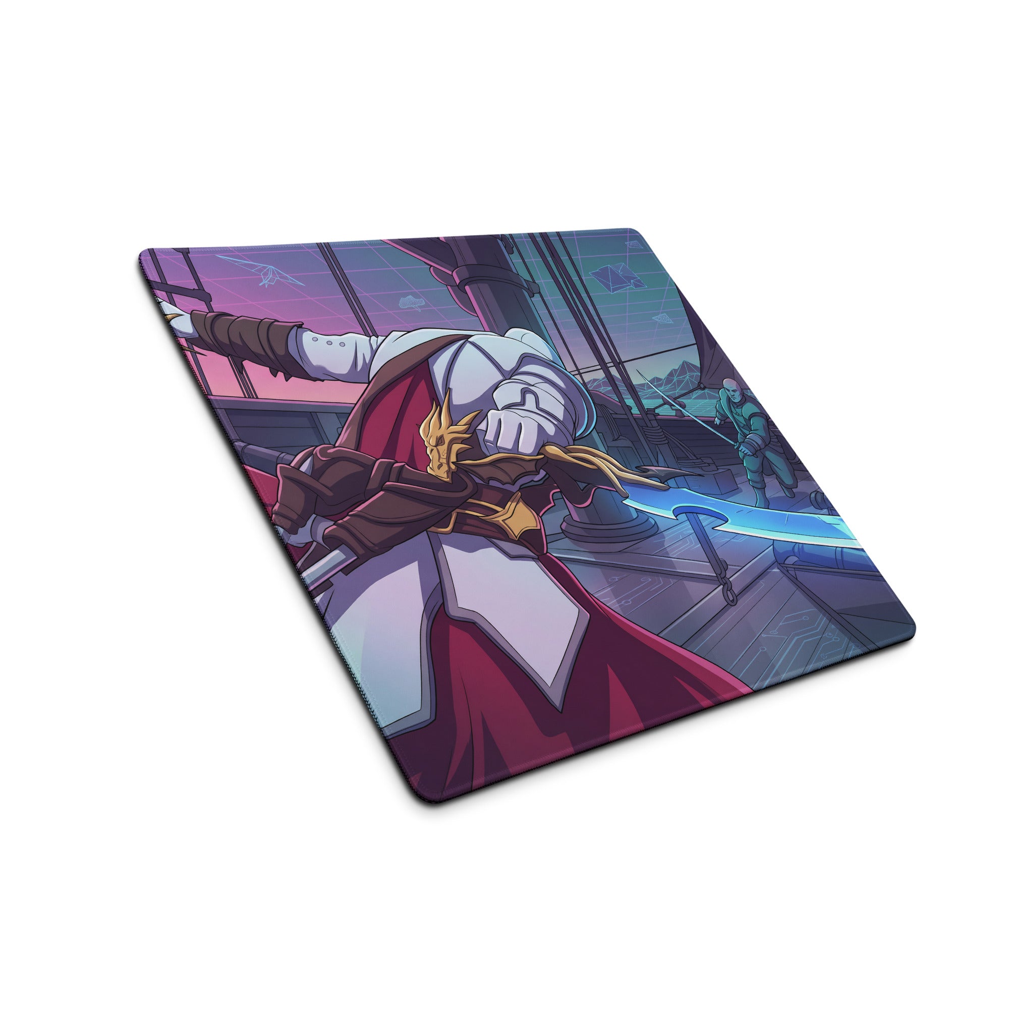 Rectangular gaming mousepad with anime knight in white and red armor and glowing blue sword on neon purple vaporwave background