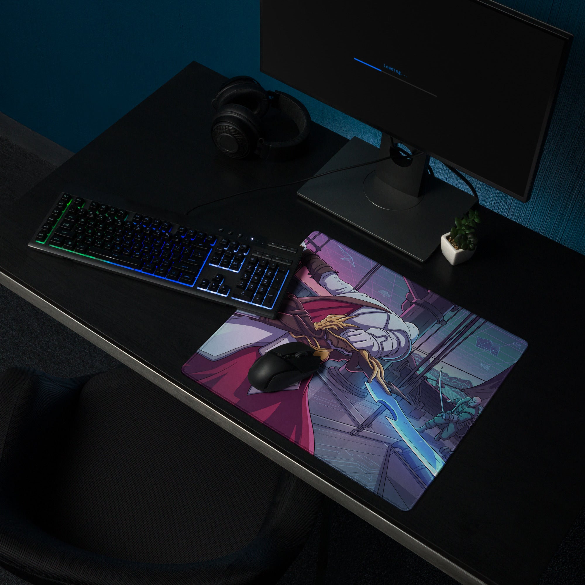 A vibrant vaporwave neon dragon gaming mousepad featuring an anime warrior with blonde hair and a glowing blue sword
