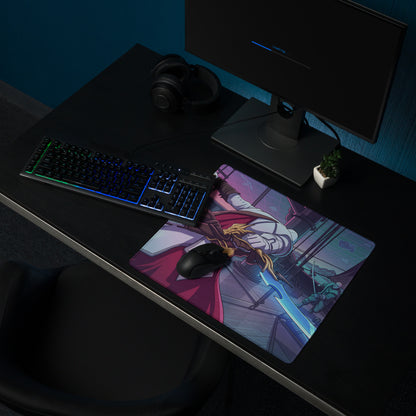 A vibrant vaporwave neon dragon gaming mousepad featuring an anime warrior with blonde hair and a glowing blue sword