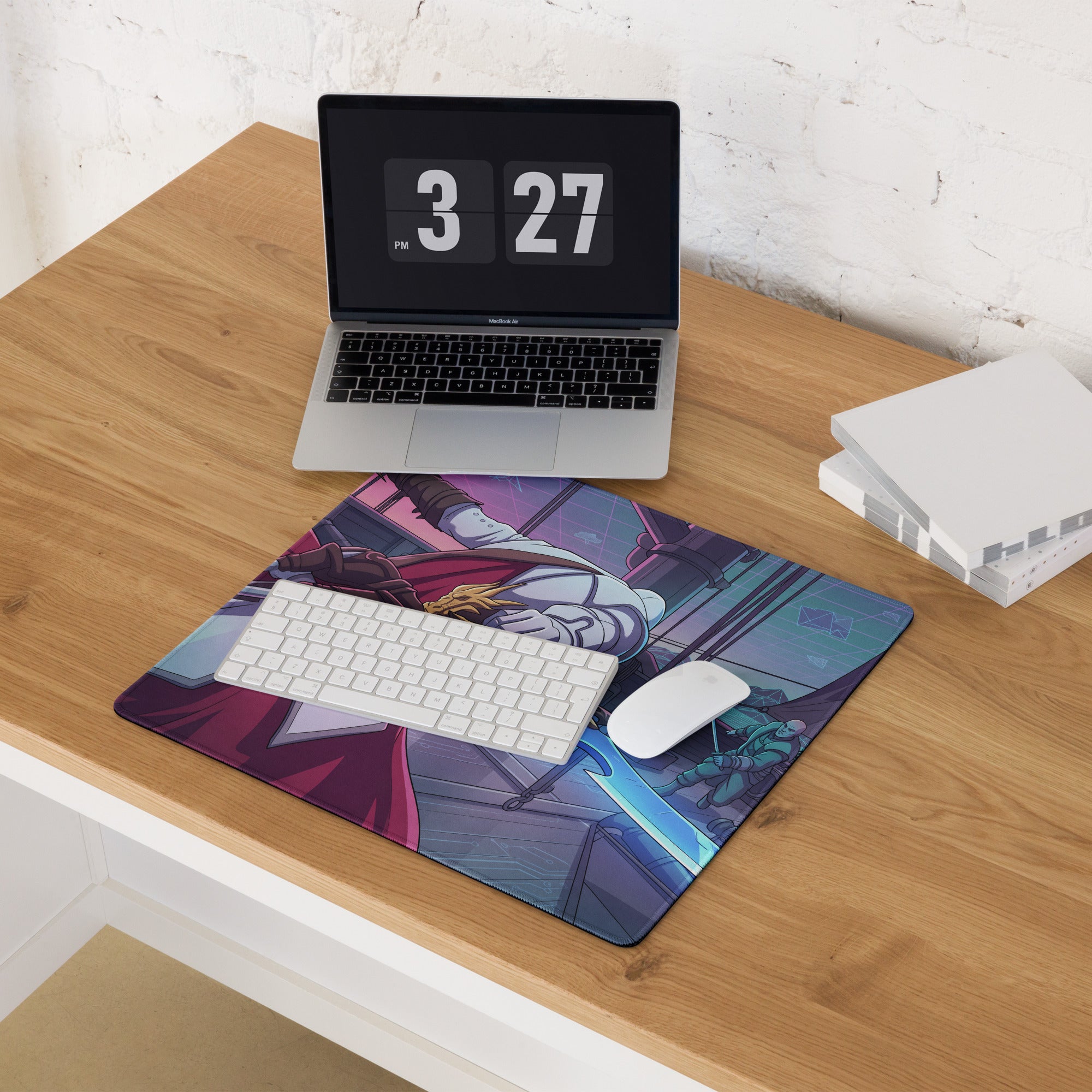 A vibrant vaporwave neon dragon gaming mouse pad with detailed anime illustration in purple and teal colors