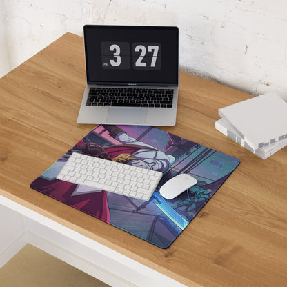 A vibrant vaporwave neon dragon gaming mouse pad with detailed anime illustration in purple and teal colors