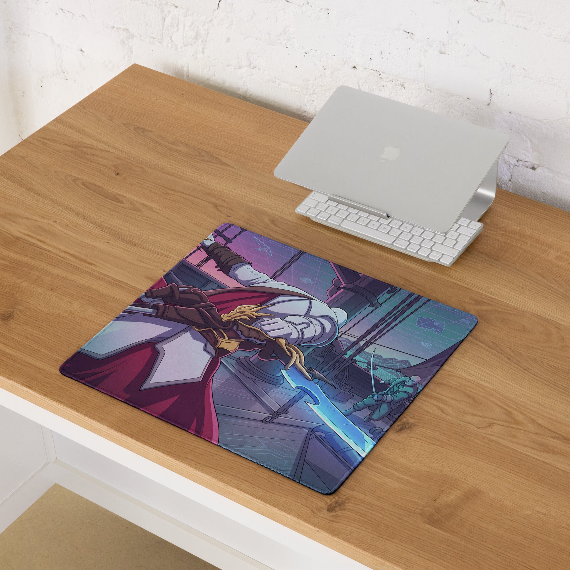 Vaporwave neon dragon pad rectangular mouse pad with vibrant anime warrior in white armor and red cape for gaming setups