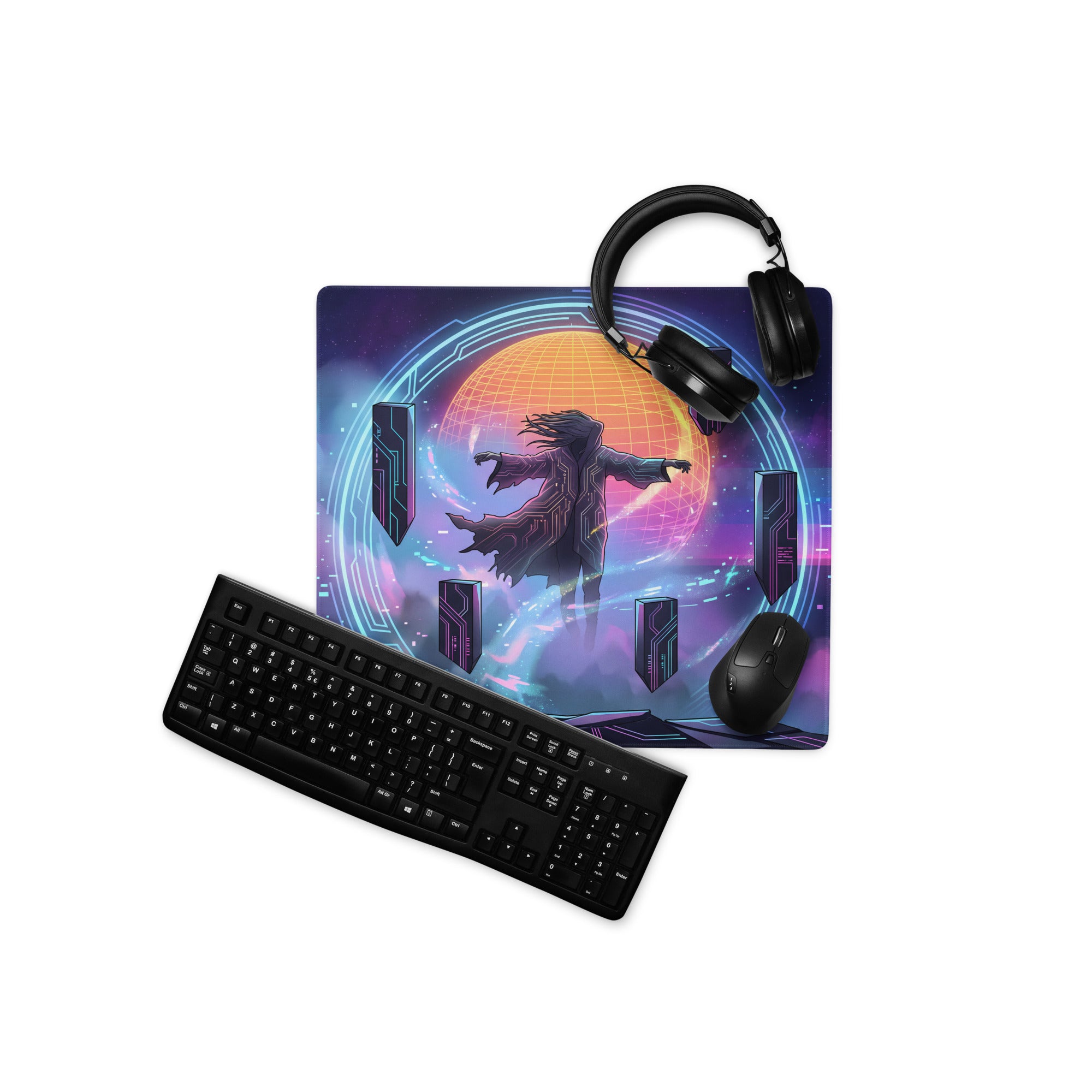 Retro neon vaporwave mouse pad with vibrant neon purple and orange digital art of a robed figure on glowing backdrop