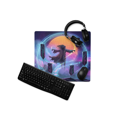 Retro neon vaporwave mouse pad with vibrant neon purple and orange digital art of a robed figure on glowing backdrop