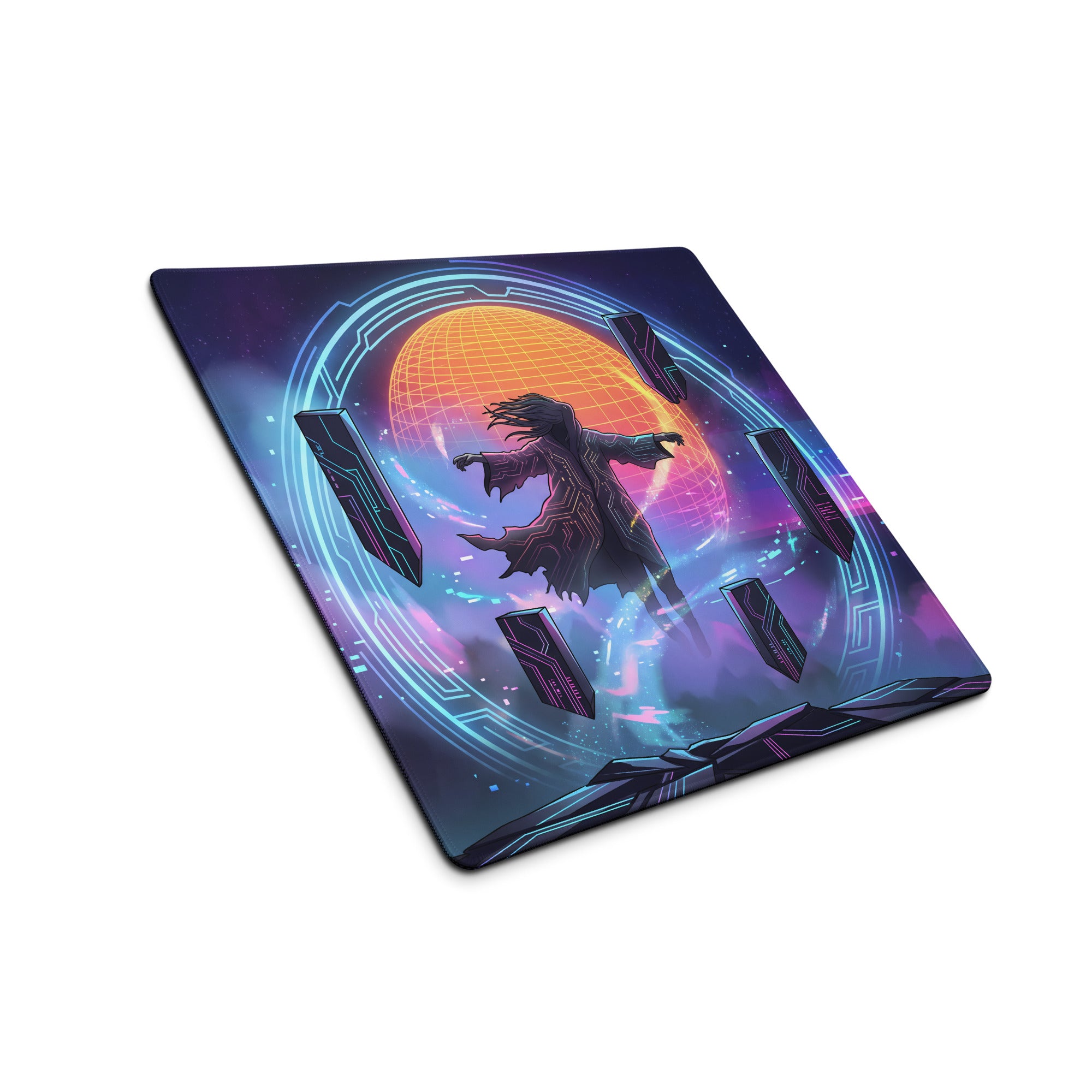 Retro neon vaporwave mouse pad featuring a nebula-themed design with glowing orange sphere and futuristic circuitry patterns