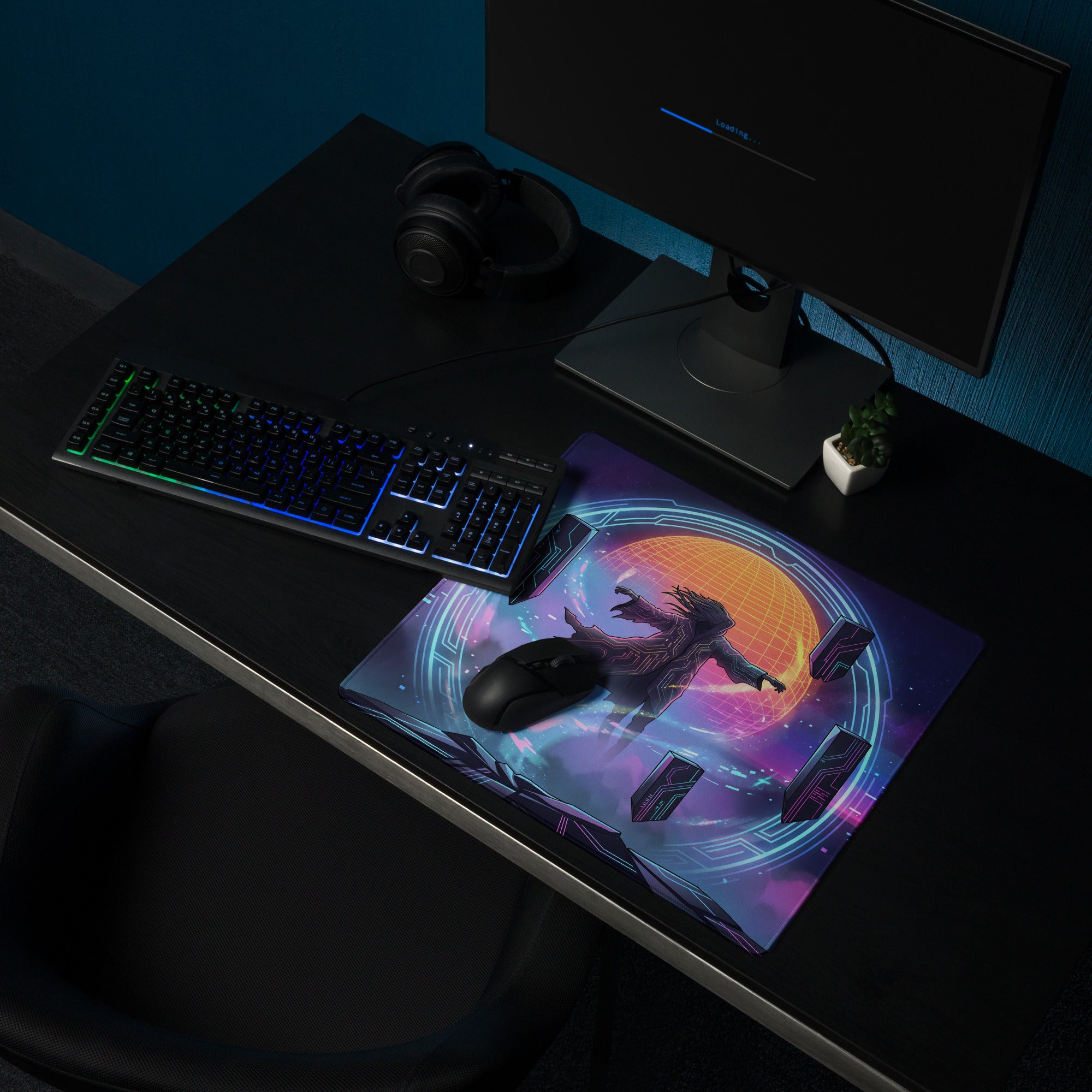 Retro neon vaporwave gaming mouse pad with vibrant nebula design in glowing purple blue and orange hues for desk use