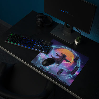 Retro neon vaporwave gaming mouse pad with vibrant nebula design in glowing purple blue and orange hues for desk use
