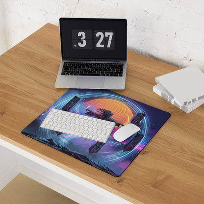 A vibrant rectangular retro neon vaporwave mouse pad with neon pink purple sci-fi design and an orange planet silhouette