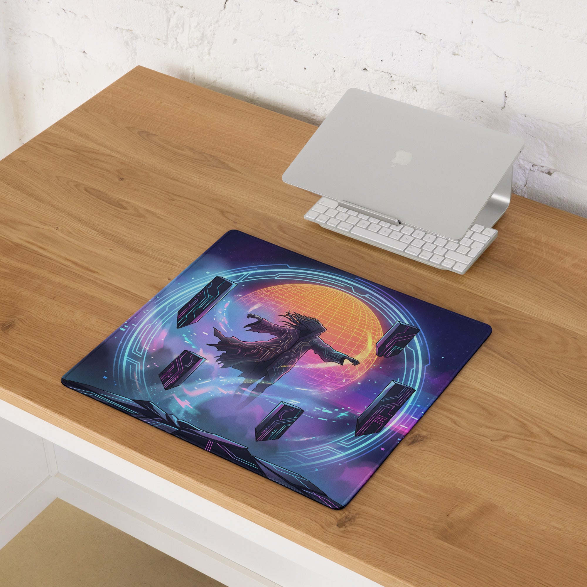 Retro neon vaporwave mouse pad with nebula theme glowing orange sphere purple blue gradients soft rubber surface