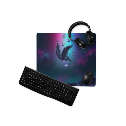 Vaporwave neon winged pixel pad rectangular gaming mousepad with vibrant cosmic design and black-winged angel in purple blue hues