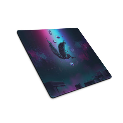 A rectangular gaming mousepad with a dark cosmic design featuring a black-winged figure among neon purple and teal nebulae