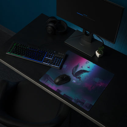 Vibrant galaxy-themed gaming mousepad with black winged creature and glowing purple and teal cosmic elements
