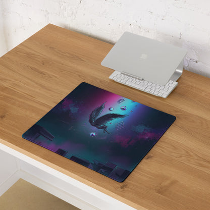 Rectangular mousepad with a dark cosmic design featuring a winged figure and purple teal vaporwave nebulae background