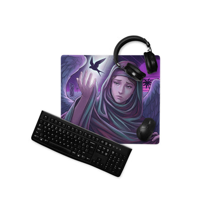 Purple and teal neon angel vaporwave mouse pad featuring a winged figure with headphones for digital art desks