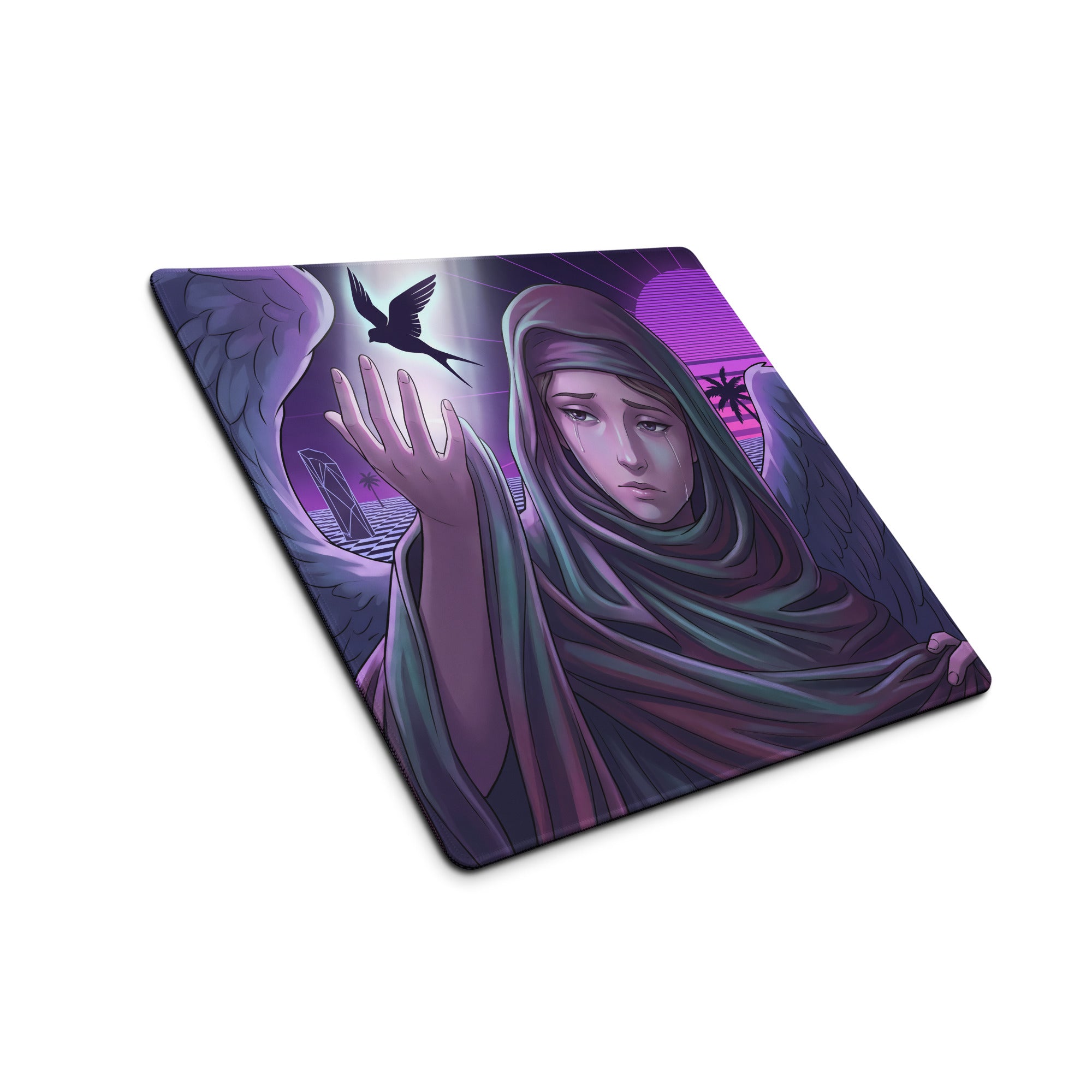 Purple and teal neon angel vaporwave mouse pad with angel wings bird and stylized sunset for dreamy desk decor