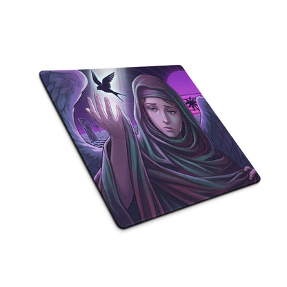 Purple and teal neon angel vaporwave mouse pad with angel wings bird and stylized sunset for dreamy desk decor