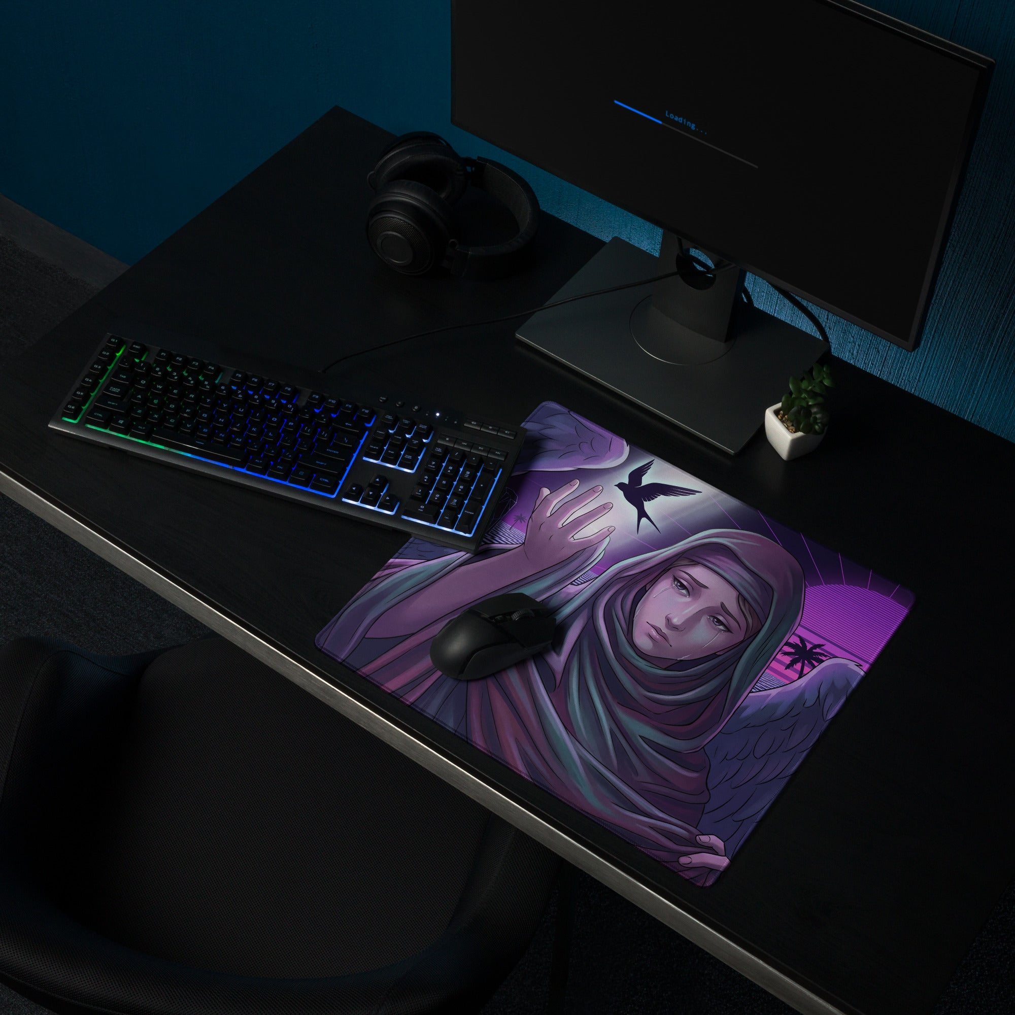 Purple and pink neon angel vaporwave gaming mouse pad featuring a hooded winged figure bird and palm leaves design