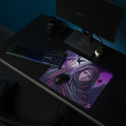 Purple and pink neon angel vaporwave gaming mouse pad featuring a hooded winged figure bird and palm leaves design