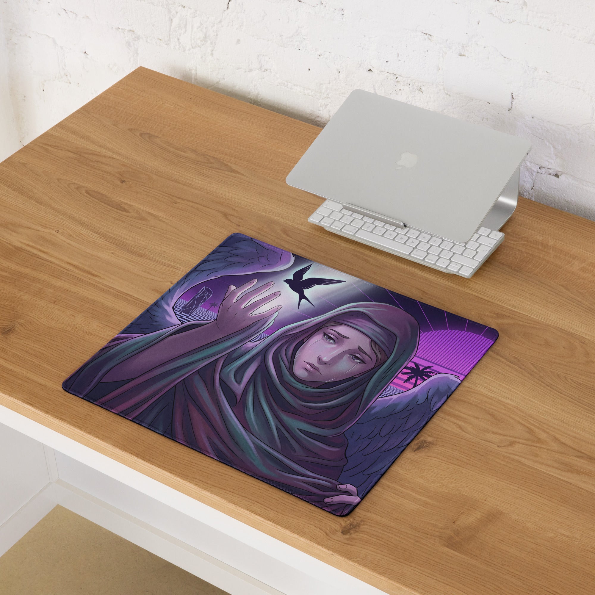 Purple and teal neon angel vaporwave mouse pad with angelic figure wings bird palm trees under vibrant purple sky