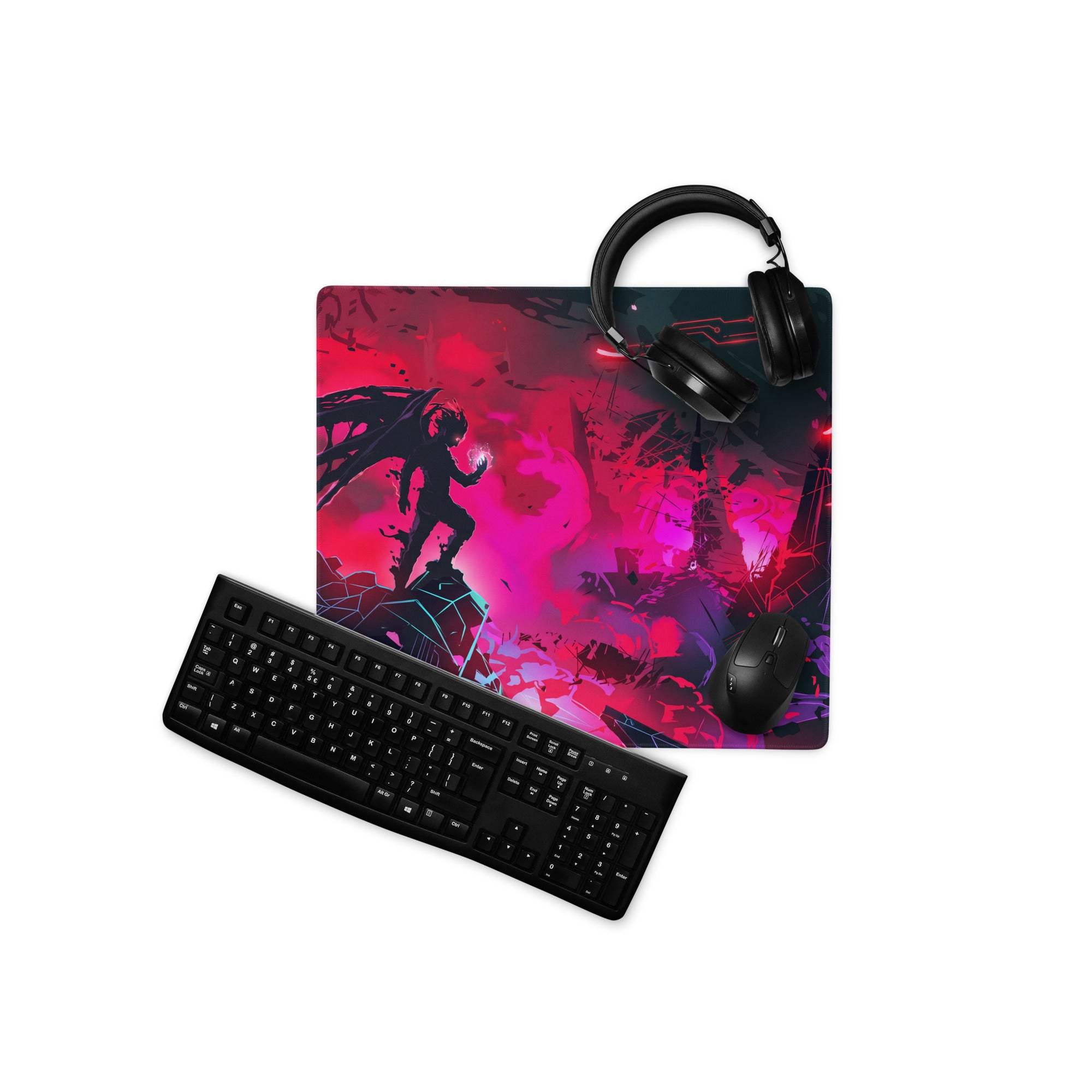 Black gaming mousepad with vibrant red and pink anime silhouette and glowing vaporwave neon cyber design for desk setup