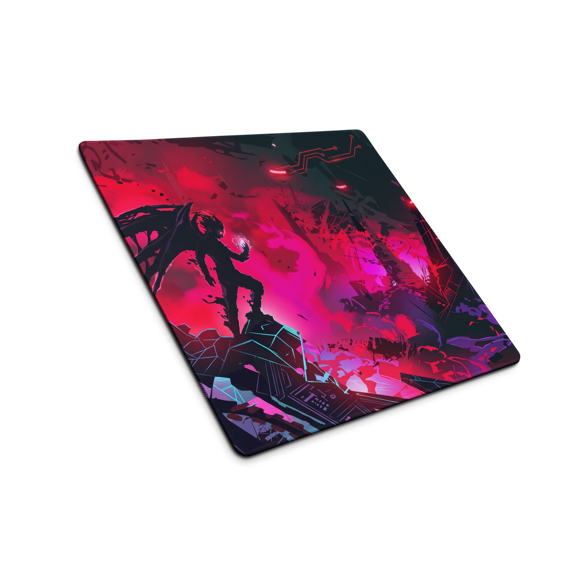 Vaporwave neon cyber mouse pad with vibrant red and purple digital art anime character on cyberpunk backdrop