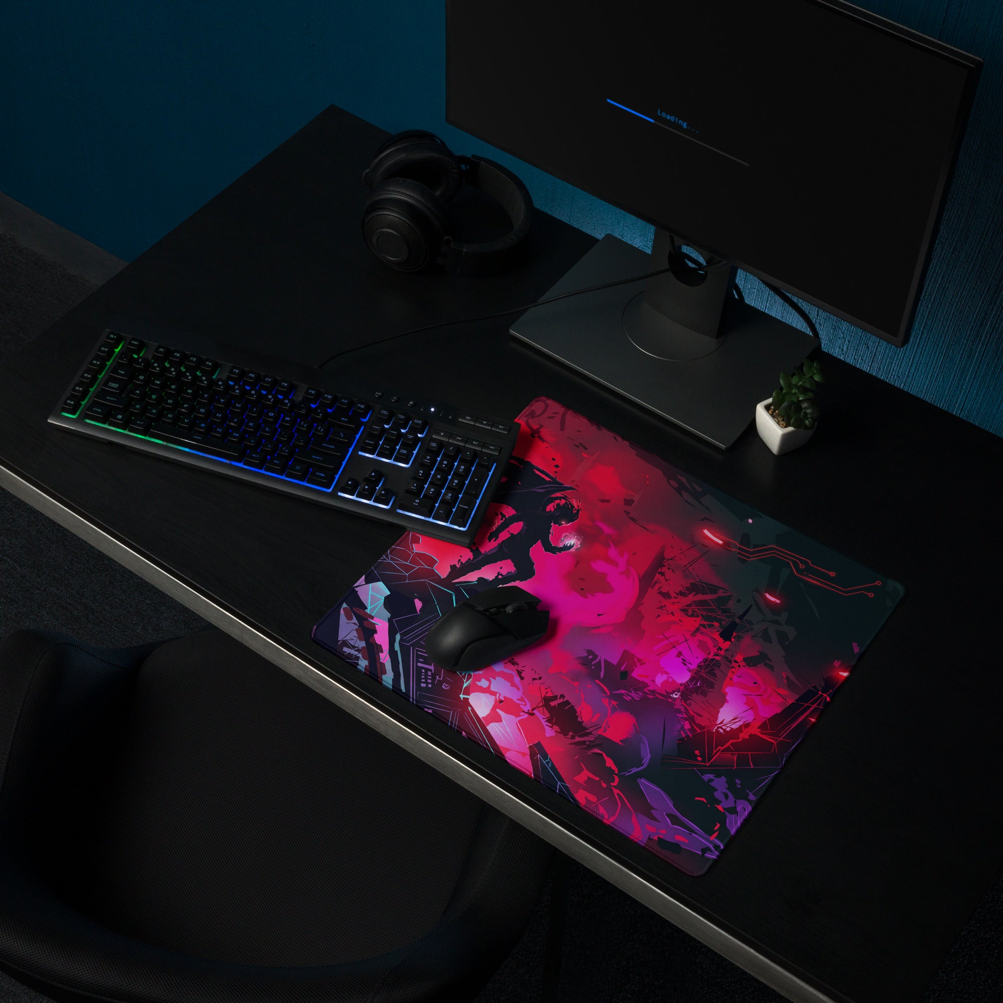 Vibrant red and purple anime-themed vaporwave neon cyber mouse pad with glossy finish for retro futurism desk setup