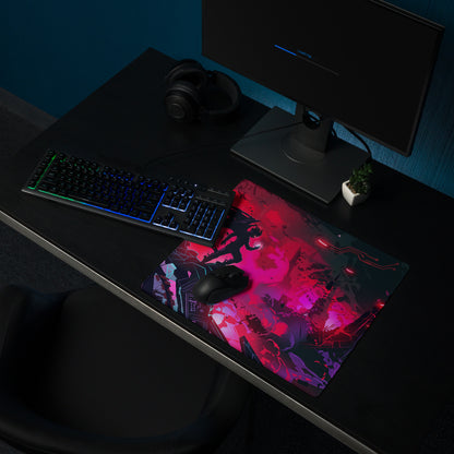 Vibrant red and purple anime-themed vaporwave neon cyber mouse pad with glossy finish for retro futurism desk setup