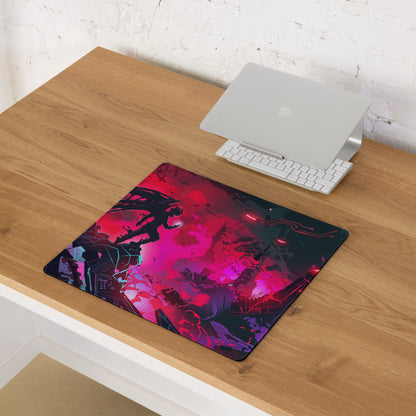 Vibrant pink and purple vaporwave neon cyber mouse pad with black futuristic silhouettes ideal for gaming desks