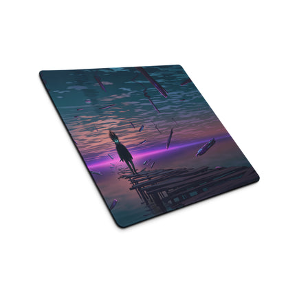 Rectangular mousepad with vibrant anime-style vaporwave sunset illustration in teal and purple for desktop setup