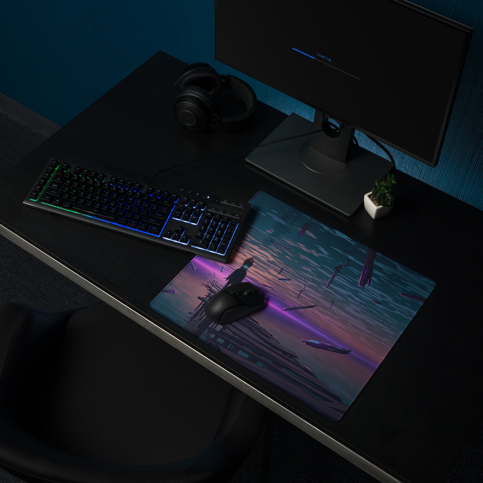 Vaporwave sunset desk mat featuring a teal and purple anime-inspired futuristic ship at sunset for gaming setup