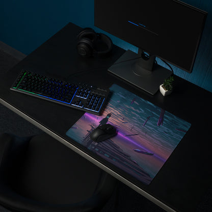 Vaporwave sunset desk mat featuring a teal and purple anime-inspired futuristic ship at sunset for gaming setup