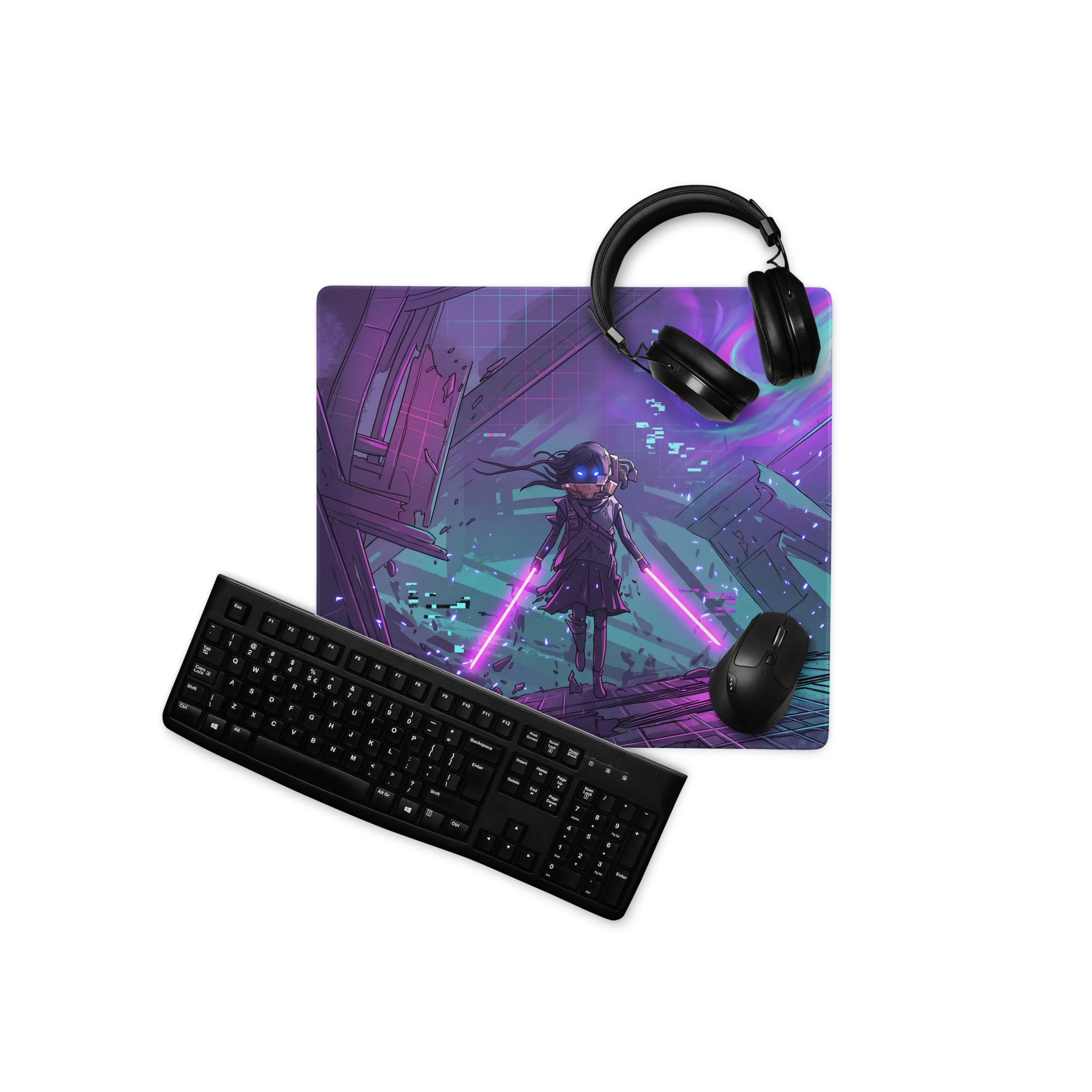 Neon vaporwave gaming mouse pad in purple and teal featuring a character with glowing pink lightsabers and non slip design
