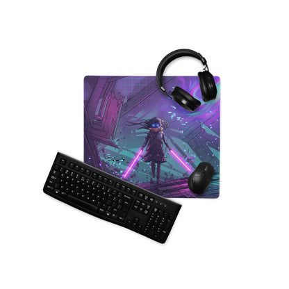 Neon vaporwave gaming mouse pad in purple and teal featuring a character with glowing pink lightsabers and non slip design