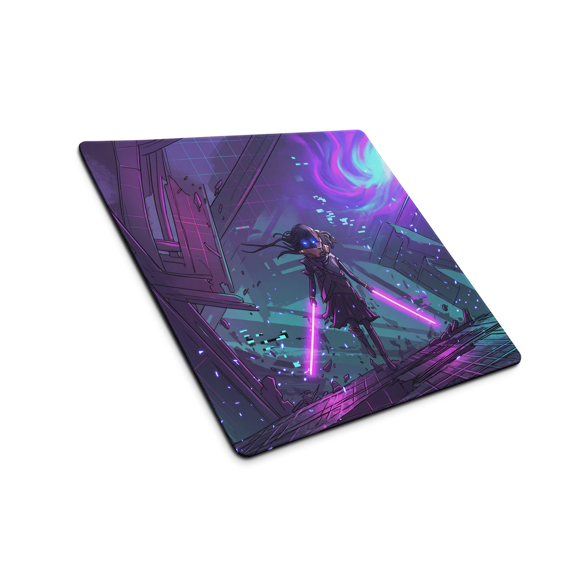 Neon vaporwave gaming mouse pad with purple and teal neon lights featuring anime character with pink lightsabers