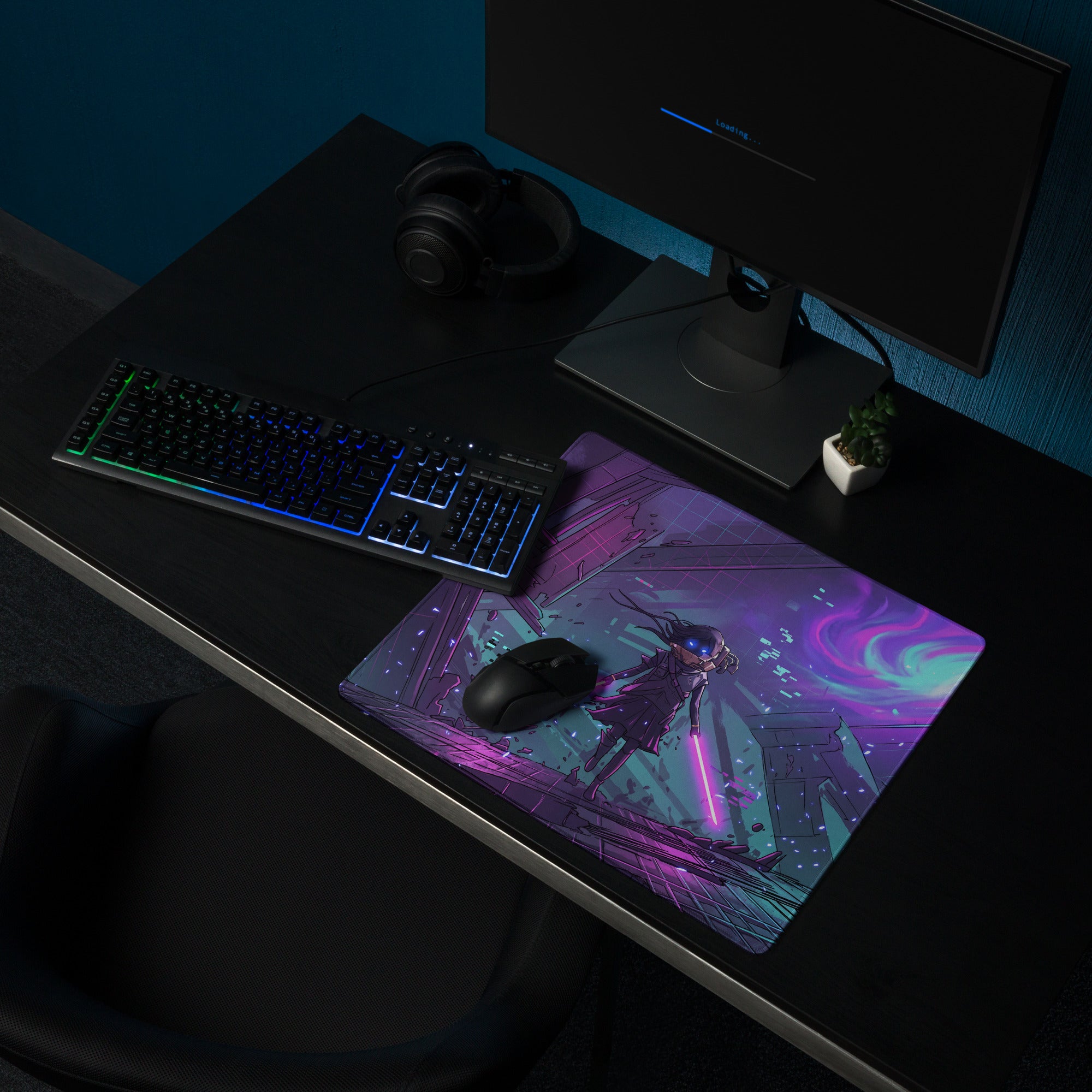 Vibrant purple and teal neon vaporwave gaming mouse pad with non slip surface featuring futuristic anime character and glowing sword