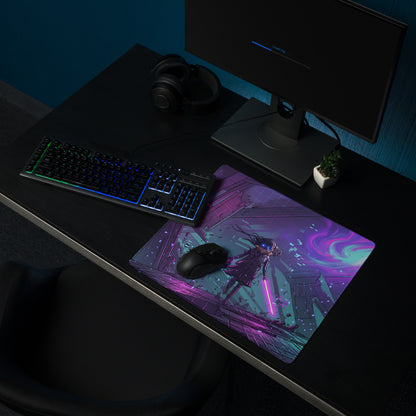 Vibrant purple and teal neon vaporwave gaming mouse pad with non slip surface featuring futuristic anime character and glowing sword