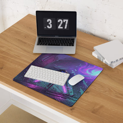 Neon vaporwave gaming mouse pad with vibrant purple and teal cyberpunk cityscape design and non slip base