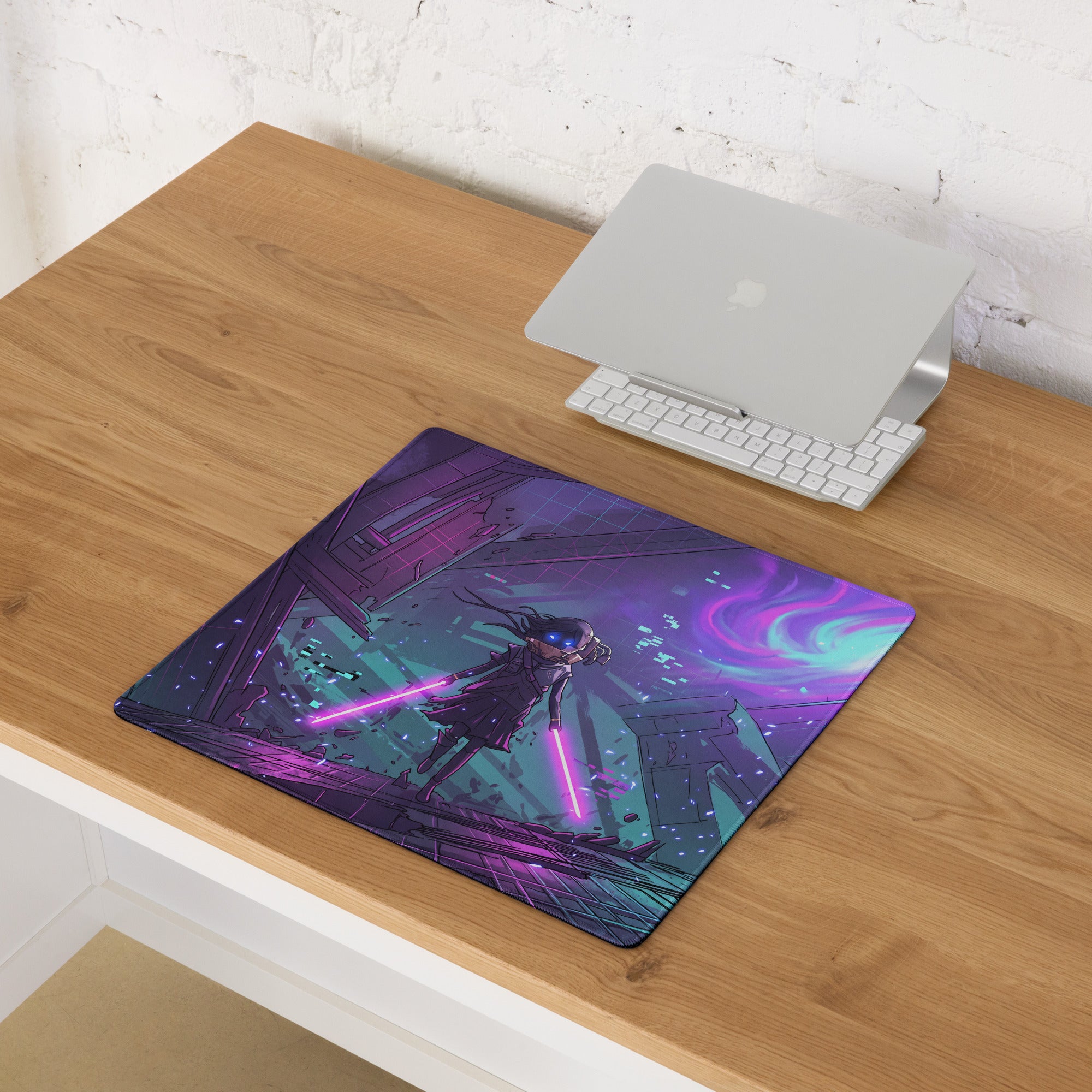 Neon vaporwave gaming mouse pad with purple and teal colors featuring anime character wielding glowing pink lightsabers