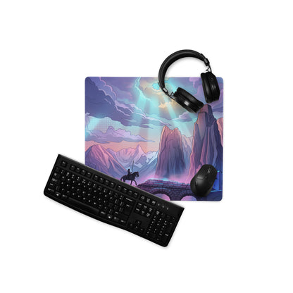 Neon vaporwave mountain mouse pad with vibrant pink purple cyan fantasy landscape and lone rider on stone bridge under dramatic sky