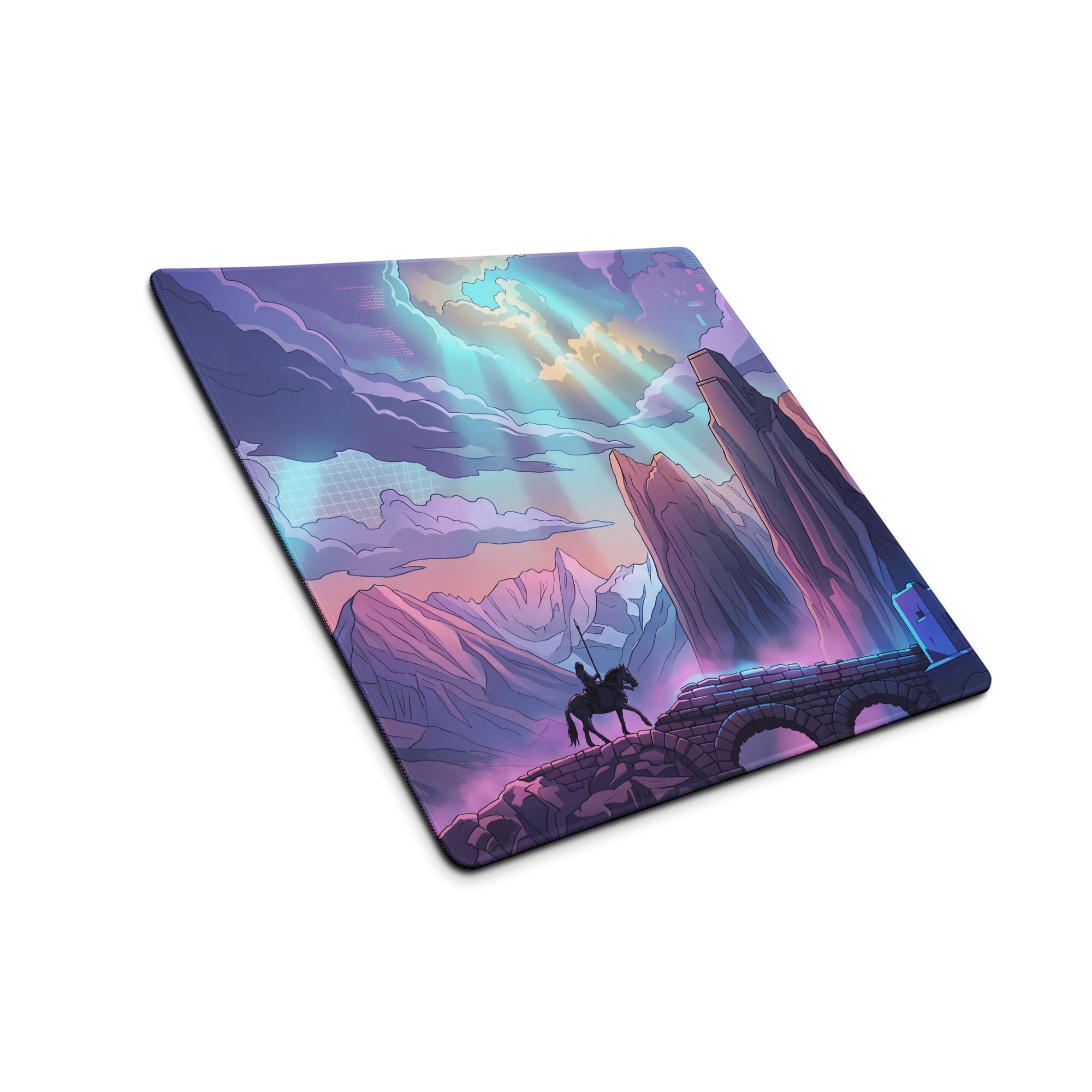 Neon vaporwave mountain gaming mouse pad with vibrant lone rider on stone bridge in pink purple cyan colors