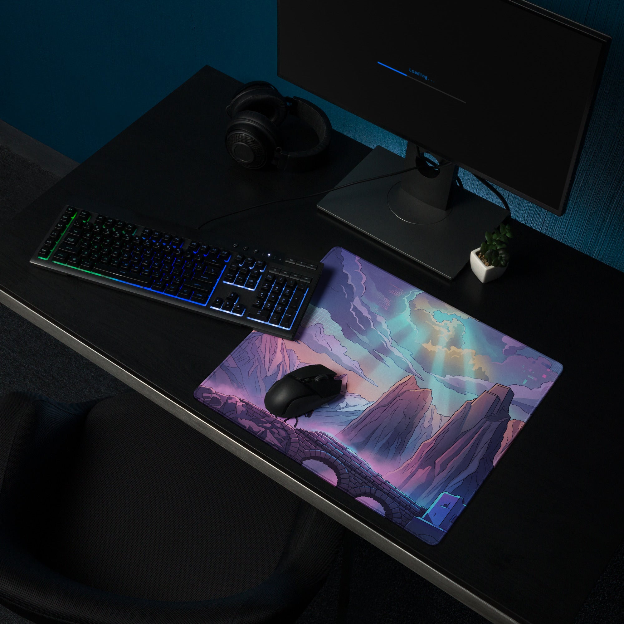 Neon vaporwave rectangular gaming mousepad with purple pink cyan mountains under glowing clouds for retro setups