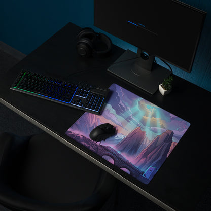 Neon vaporwave rectangular gaming mousepad with purple pink cyan mountains under glowing clouds for retro setups