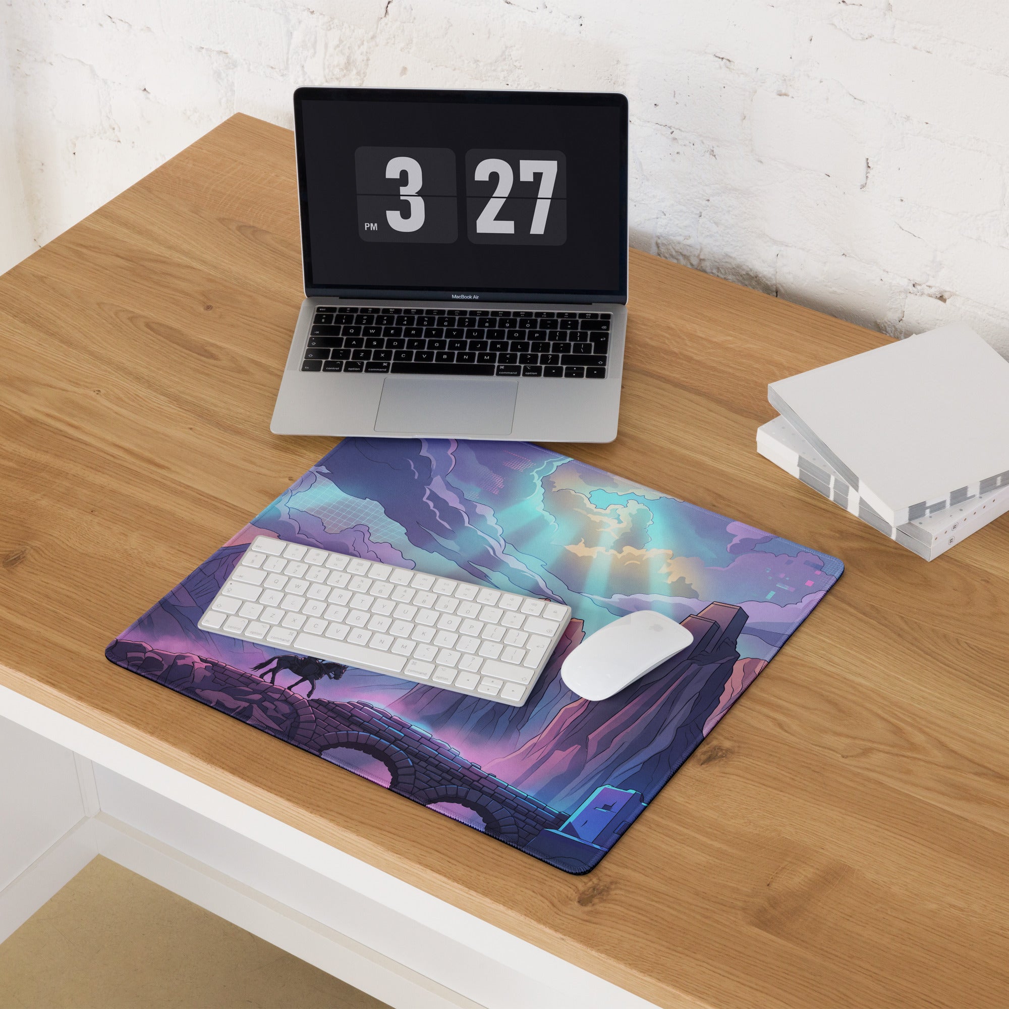Neon vaporwave mountain mouse pad with vibrant purple and teal fantasy horse on ancient stone bridge under stormy sky