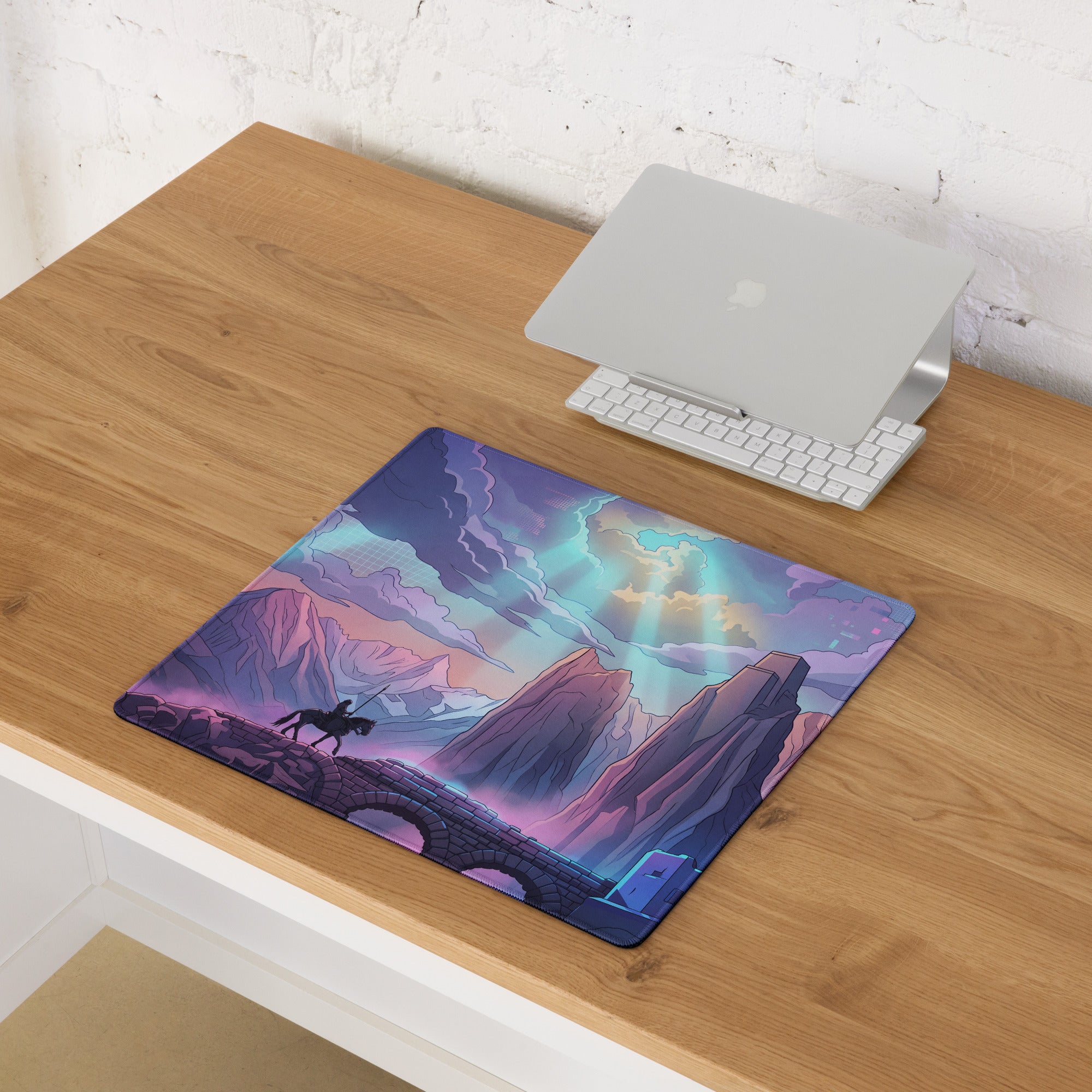 Neon vaporwave mountain mouse pad with vibrant purple teal fantasy landscape featuring lone rider on horseback