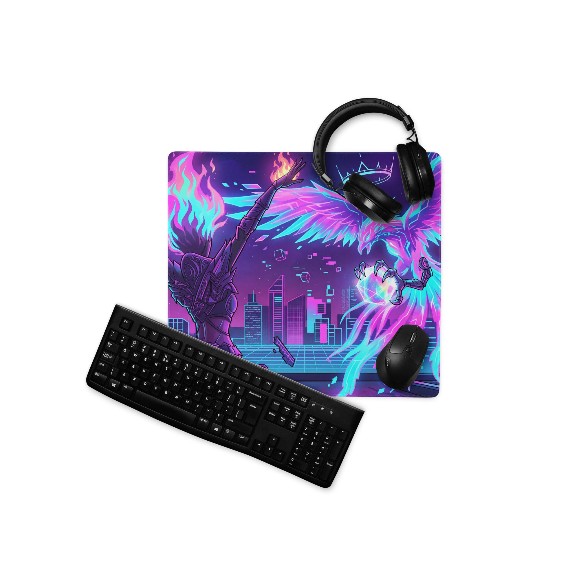 Neon vaporwave gaming mouse pad in purple pink blue with neon phoenix and futuristic cityscape digital art design
