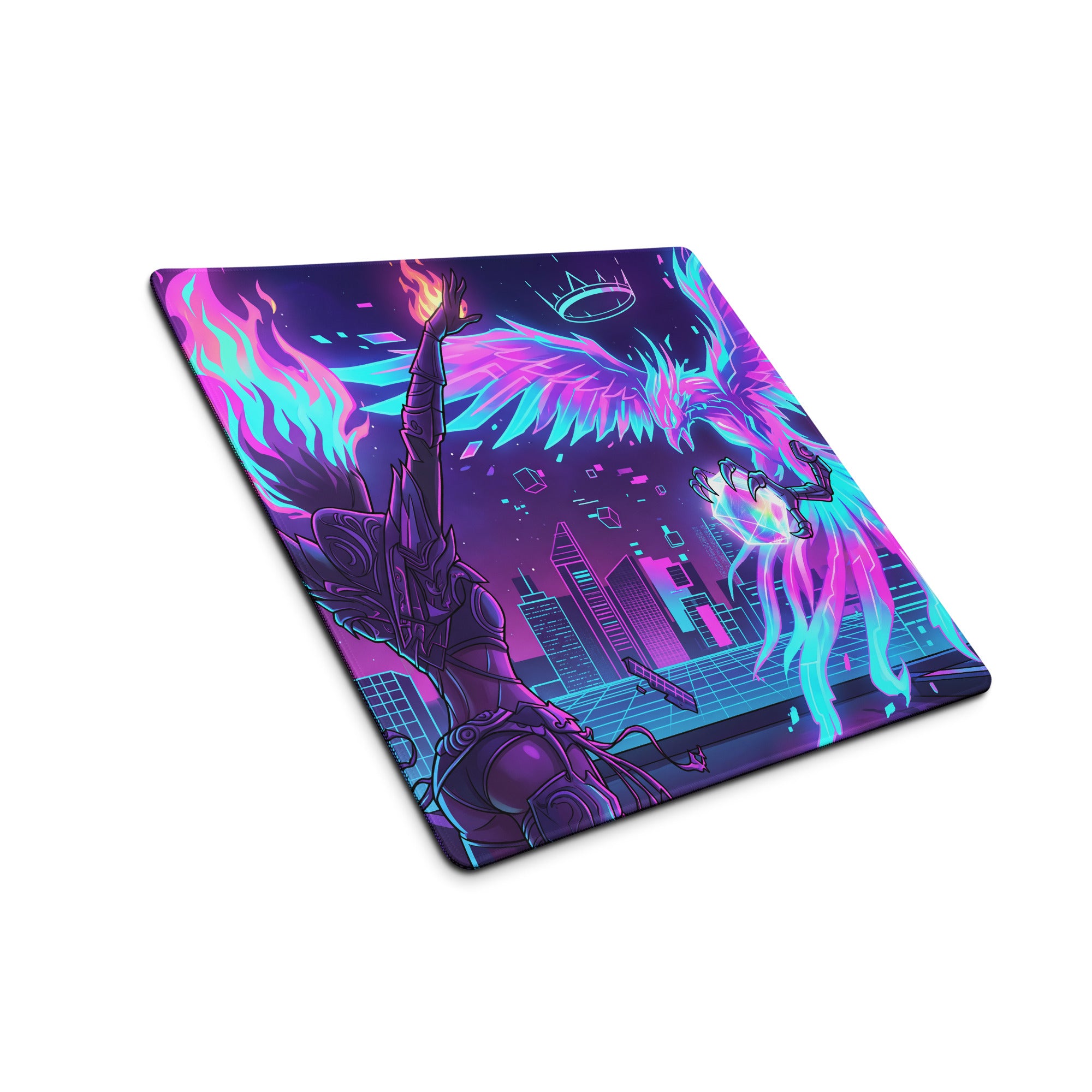 Neon vaporwave gaming mouse pad with neon pink and cyan winged figure and flames on futuristic cityscape design