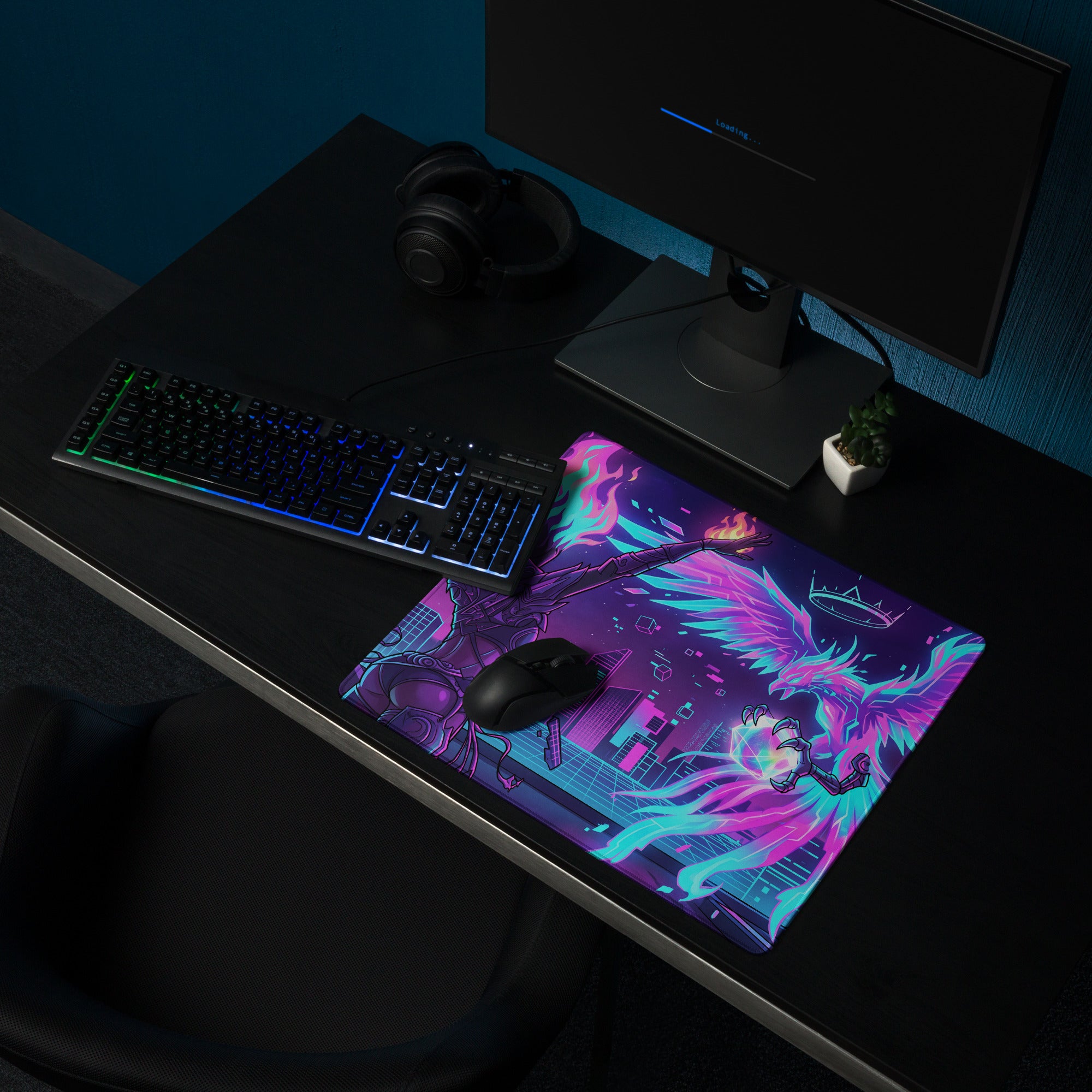 Neon vaporwave gaming mouse pad with vibrant neon pink and cyan winged creature design on glossy surface