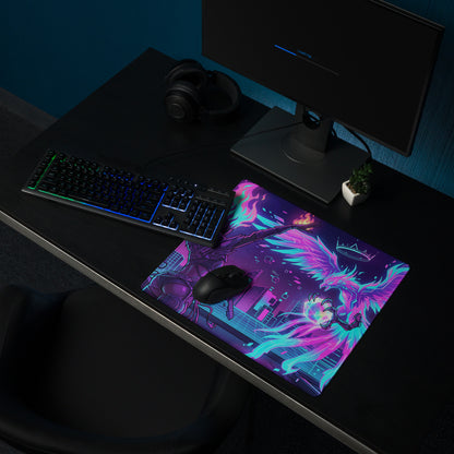 Neon vaporwave gaming mouse pad with vibrant neon pink and cyan winged creature design on glossy surface