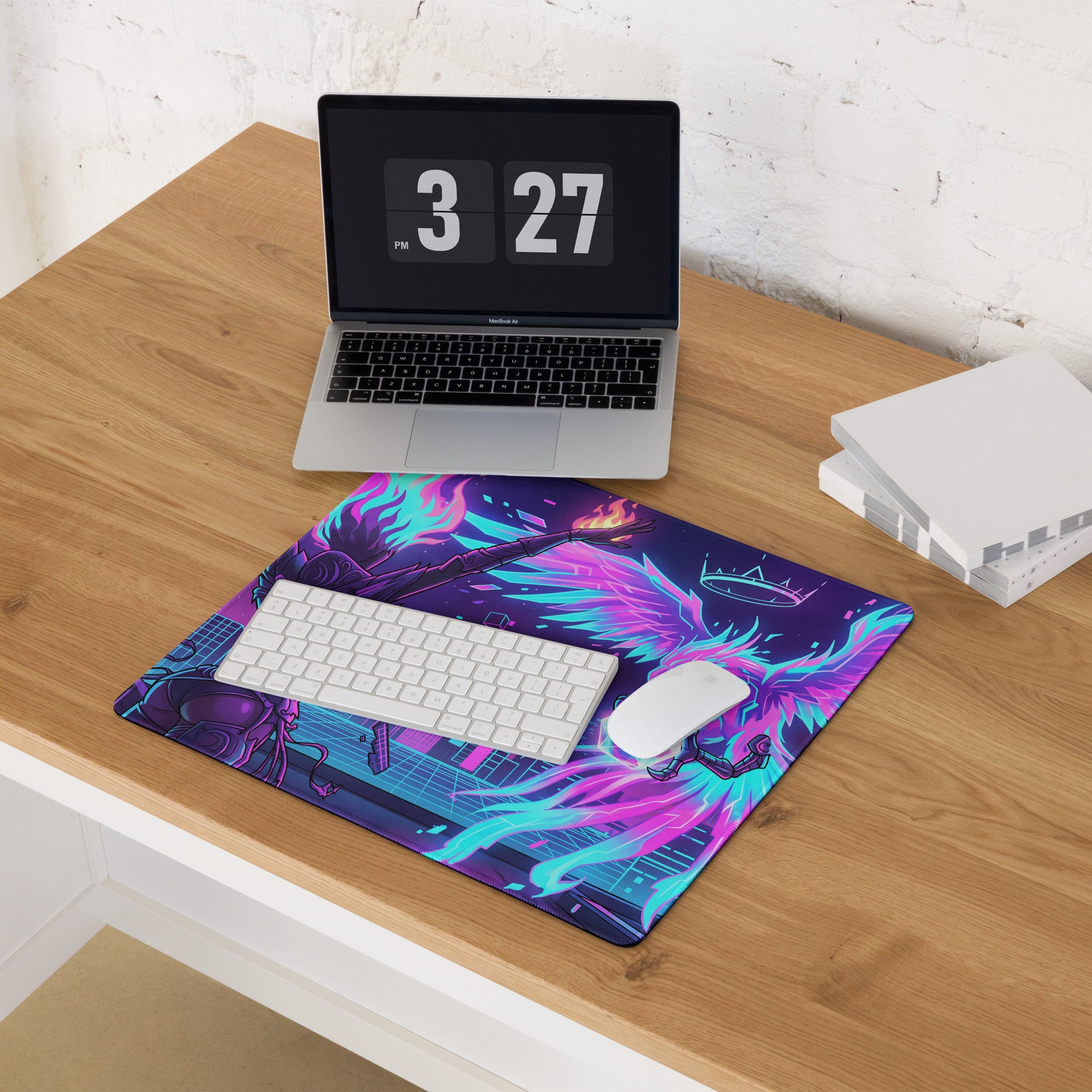 Neon vaporwave gaming mouse pad in vibrant purple and cyan with dynamic glowing winged angel design for retro decor