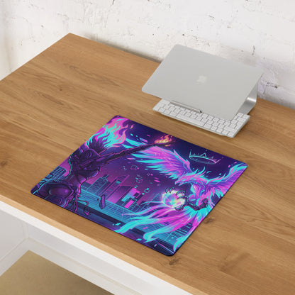 Neon vaporwave gaming mouse pad with vibrant neon pink and cyan cyberpunk winged figure and flames on wooden desk